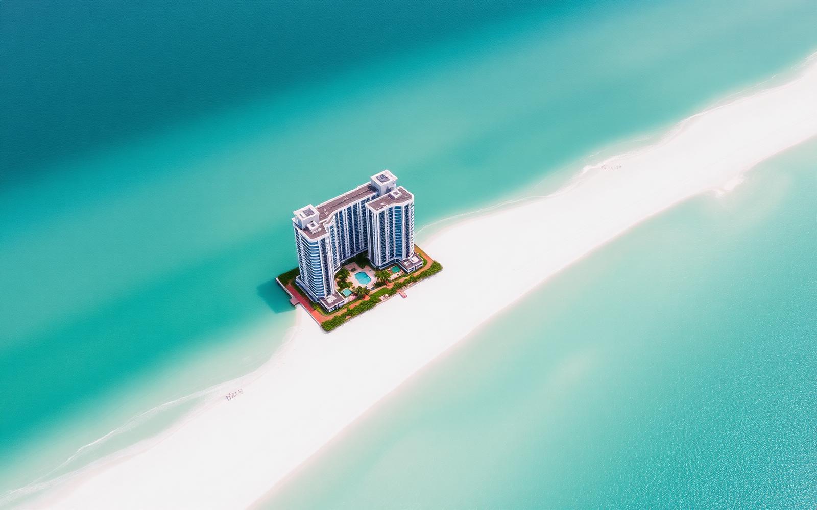 Aerial view of a Florida beachfront condominium tower on turquoise water